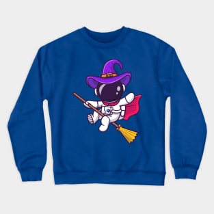 Cute Witch Astronaut Flying With A Magic Broom Cartoon Crewneck Sweatshirt